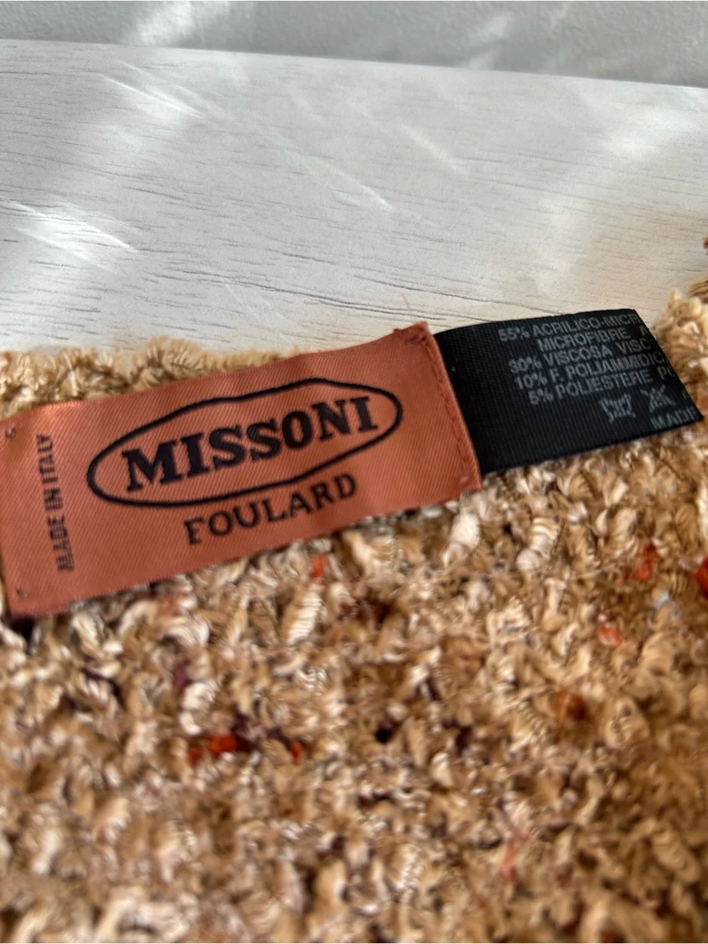 Missoni Bouclé Scarf in Beige with Coral and Plum Accents